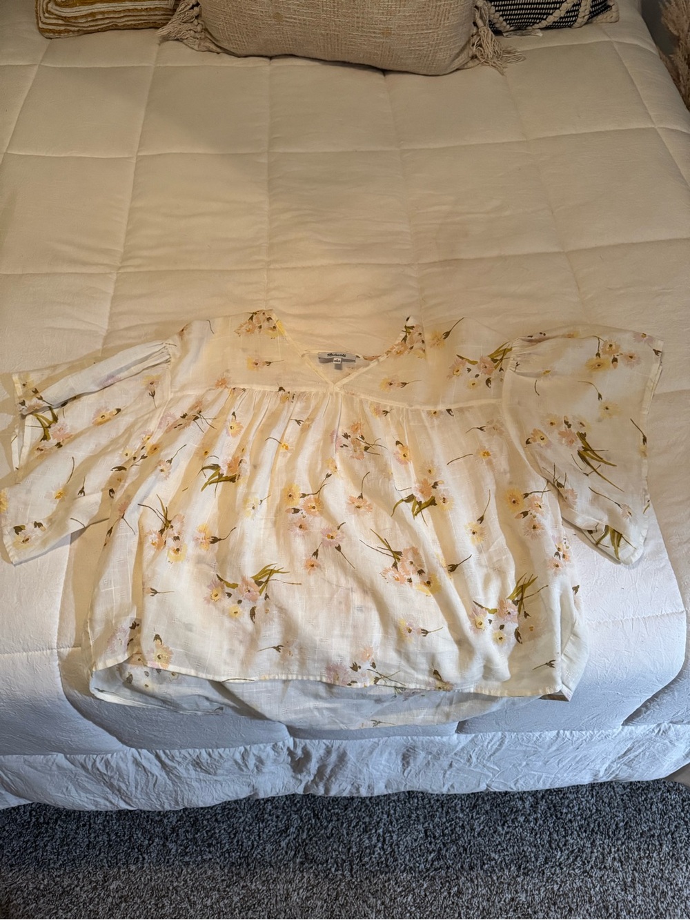 Madewell Cream Floral Voile Peasant Top